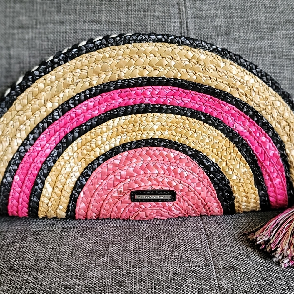Rebecca Minkoff pink straw Taco clutch